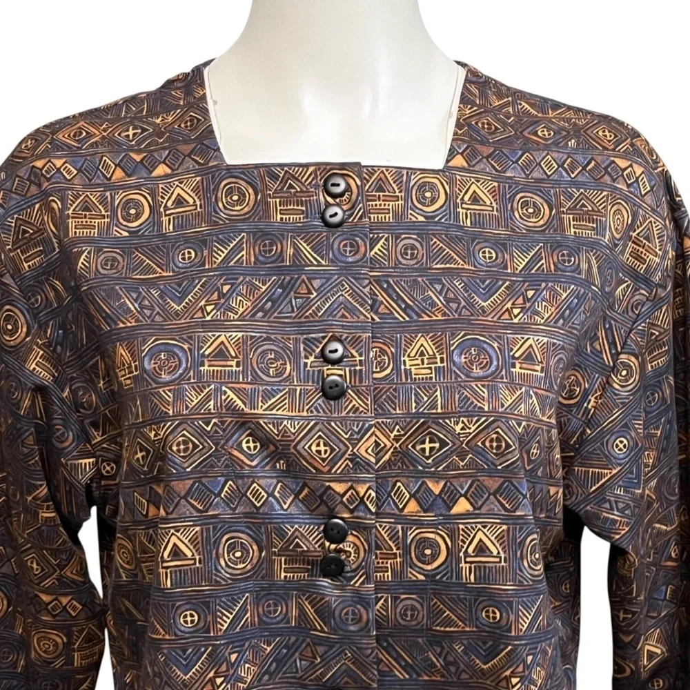 Peruvian Connection Aztec Tribal Print Pima Cotton Long Tunic Top Shirt Jacket S